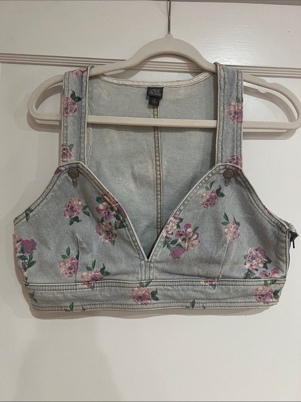Universal Thread Light Wash Floral Denim Crop Top - Pink Rose Print